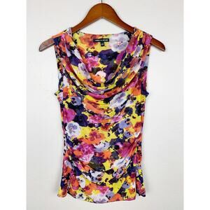 Cable & Gauge Sleeveless Tank Top Colorful Floral Mesh Cowl Neck Women's S